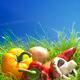 Fresh vegetables peppers and mushrooms still life in green grass... (thumbnail)