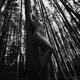 Beautiful nude woman leaning against tree in forest black and white... (thumbnail)