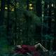 Young woman in red dress lying on a tree in deep green mossy woods... (thumbnail)