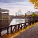 Osaka Castle Park walkway along inner moat with Osaka city view in col... (thumbnail)