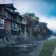Houses and pathway along Kamo River on a misty morning in Kyoto... (thumbnail)