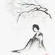 Geisha sitting under sakura branch in the moonlight Japanese Zen Sumi-... (thumbnail)