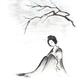 Geisha sitting under sakura branch in the moonlight Japanese Zen Sumi-... (thumbnail)