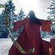 Asian woman in red kimono dancing in the snow spinning around tossing... (thumbnail)