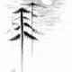 Abstract tall pine trees in the full moon Japanese Zen Sumi-e painting... (thumbnail)