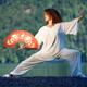 Woman with a red fan practicing Tai Chi Pu Bu stance at the lake shore... (thumbnail)