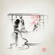 Japanese woman in kimono sitting in front of the open shoji Sumi-e pai... (thumbnail)