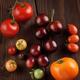 Organic heirloom tomatoes of a variety of sizes and colors food still... (thumbnail)