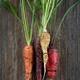 Organic heirloom carrots in a variety of colors artistic still life on... (thumbnail)