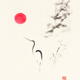 Zen landscape with heron mountains red sun and bamboo sumi-e painting... (thumbnail)