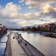 Walkway along Kamo-gawa Kamo River in Kyoto in a panoramic sunset scen... (thumbnail)
