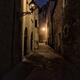 Narrow dark cobbled street with stone houses with street lamps at nigh... (thumbnail)
