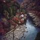 Aerial autumn scenery of Katsura River at Arashiyama with boats by the... (thumbnail)