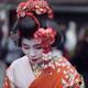 Maiko apprentice Geisha beautiful face with white makeup and red Kanza... (thumbnail)