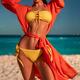 Closeup of sexy woman in yellow swimsuit and bright red beach robe ove... (thumbnail)
