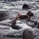 Woman bathing naked in wild water of a river or stormy sea with her we... (thumbnail)