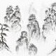 Panoramic landscape sumi-e Zen painting of floating misty mountains... (thumbnail)