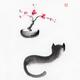 Fine art sumi-e illustration of a black cat watching bonsai sakura tre... (thumbnail)