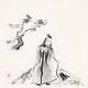 Lao Tzu old sage conversing with a heron sumi-e painting on beige rice... (thumbnail)