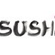Word Sushi written with brush in black ink with red sun Japanese sumi-... (thumbnail)