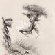 Zen sumi-e artwork of a magical white peacock perching on a branch of... (thumbnail)