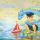 Little boy in sailor's uniform playing with a toy yacht in a lake... (thumbnail)