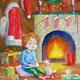 Painting of a cute little boy and his dog surrounded by presents on a... (thumbnail)