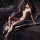 Beautiful nude woman sunbathing reclining on a tree branch by the lake... (thumbnail)
