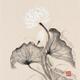 Sumi-e painting of a blooming white lotus flowers with leaves on rice... (thumbnail)