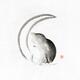 Cute little cat sitting on crescent moon Japanese Zen Sumi-e painting... (thumbnail)