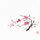 Sumi-e painting of a small plum blossom branch with red flowers... (thumbnail)
