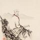 Zen sumi-e painting on beige rice paper of an old asian scholar monk meditating with a scroll in his hand