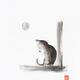 Sumi-e painting of a Cute kitten sitting on the window in the light of the full moon
