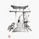 Sumi-e painting of a Zen Buddhist monk walking up the stairs through a Torii gate