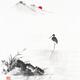 Zen sumi-e painting of heron standing in a lake with red sun rising behind mountains