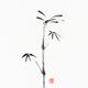 Zen sumi-e painting on white rice paper of a Dragonfly sitting on top of a bamboo stalk