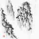Zen sumi-e painting on rice paper of a Floating misty mountains ethereal landscape with a temple on a cliff
