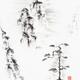 Zen sumi-e painting on rice paper of a Pine tree in a misty mountain landscape