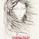 Sumi-e painting of a Beautiful Japanese woman face with long wild hair and sakura flowers in her hands