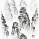 Zen sumi-e painting on white rice paper of a landscape scenery of floating misty mountains
