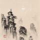 Sumi-e painting on beige rice paper of a Zen Buddhist monk standing on a mountain peak facing a Buddha face in the sky