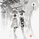 Sumi-e painting of Two Japanese Maiko Geisha apprentices walking on the street in Japan in rain