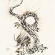Sumi-e painting of a coiled mystical asian dragon playing with a pearl