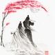 Sumi-e painting of a couple playing music together in full moon under sakura tree blossom