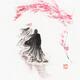 Zen Sumi-e painting of a couple in robes walking away under pink plum blossom in the wind