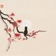 Sumi-e painting on rice paper of a black cat sitting on maple tree with red autumn leaves in full moon
