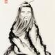 Zen Sumi-e painting of old sage meditating under pine branch