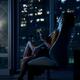 Elegant woman sitting relaxed in chair with glass of wine by window wi... (thumbnail)