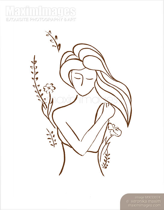Stock image of Abstract artistic illustration of a woman hugging herself with flowers behind her Buy commercial use license at MaximImages