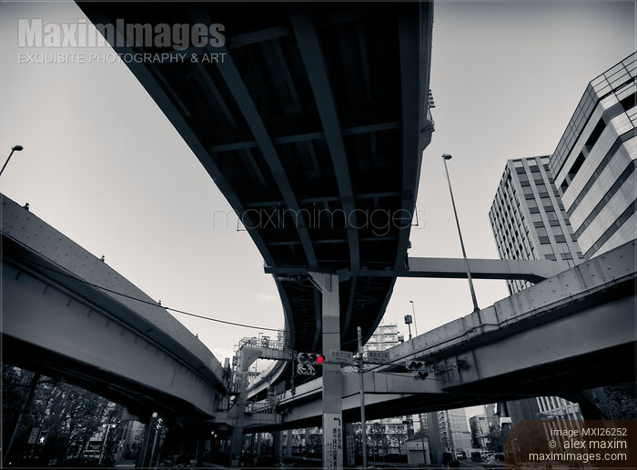 Abstract elevated highway interchange black and white Stock photo of Abstract elevated highway interchange black and white Buy commercial use license at MaximImages